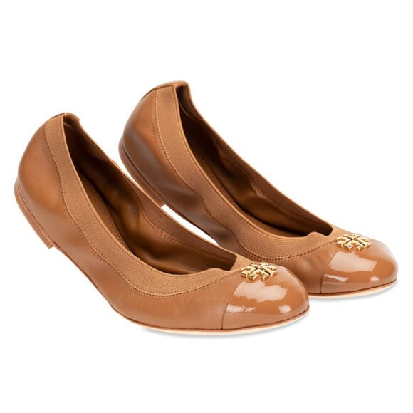TORY BURCH Jolie Beige Patent Leather Cap-toe Gold Logo Ballet Flats Sz 6.5 M - Picture 3 of 14